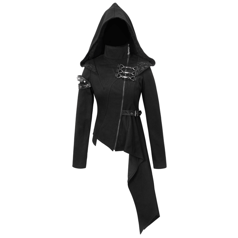 Gothic Asymmetric Jacket with Hood / Women's Diagonal Zip Jacket with Long Side - HARD'N'HEAVY