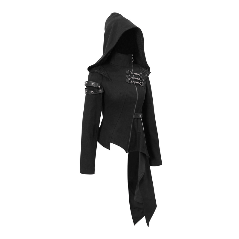 Gothic Asymmetric Jacket with Hood / Women's Diagonal Zip Jacket with Long Side - HARD'N'HEAVY