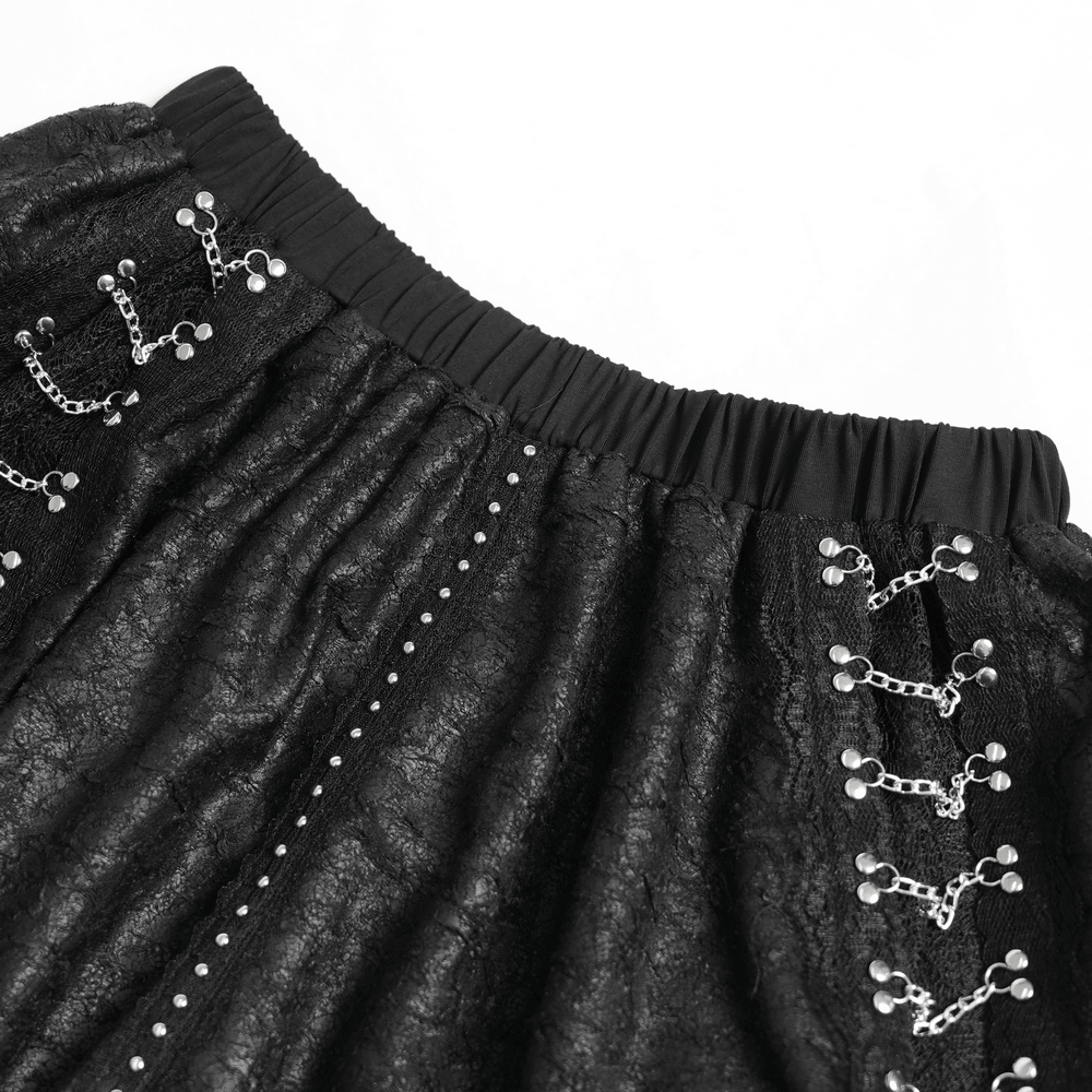 Gothic Asymmetric Lace Midi Skirt with Chain Trim showing elastic waistband and intricate lace detailing.