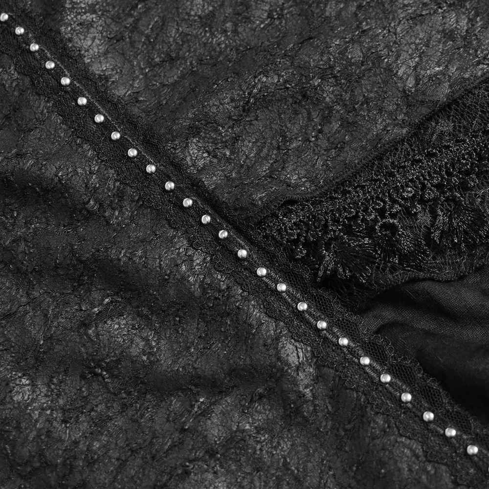 Close-up of the fabric showcasing details from the Gothic Asymmetric Lace Midi Skirt with Chain Trim.