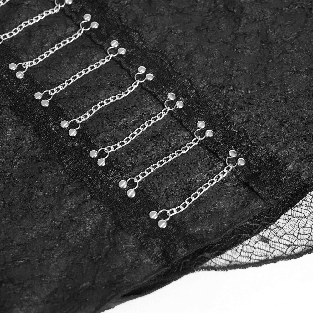 Close-up of chain trim details on the Gothic Asymmetric Lace Midi Skirt with Chain Trim, showcasing the dark punk aesthetic.