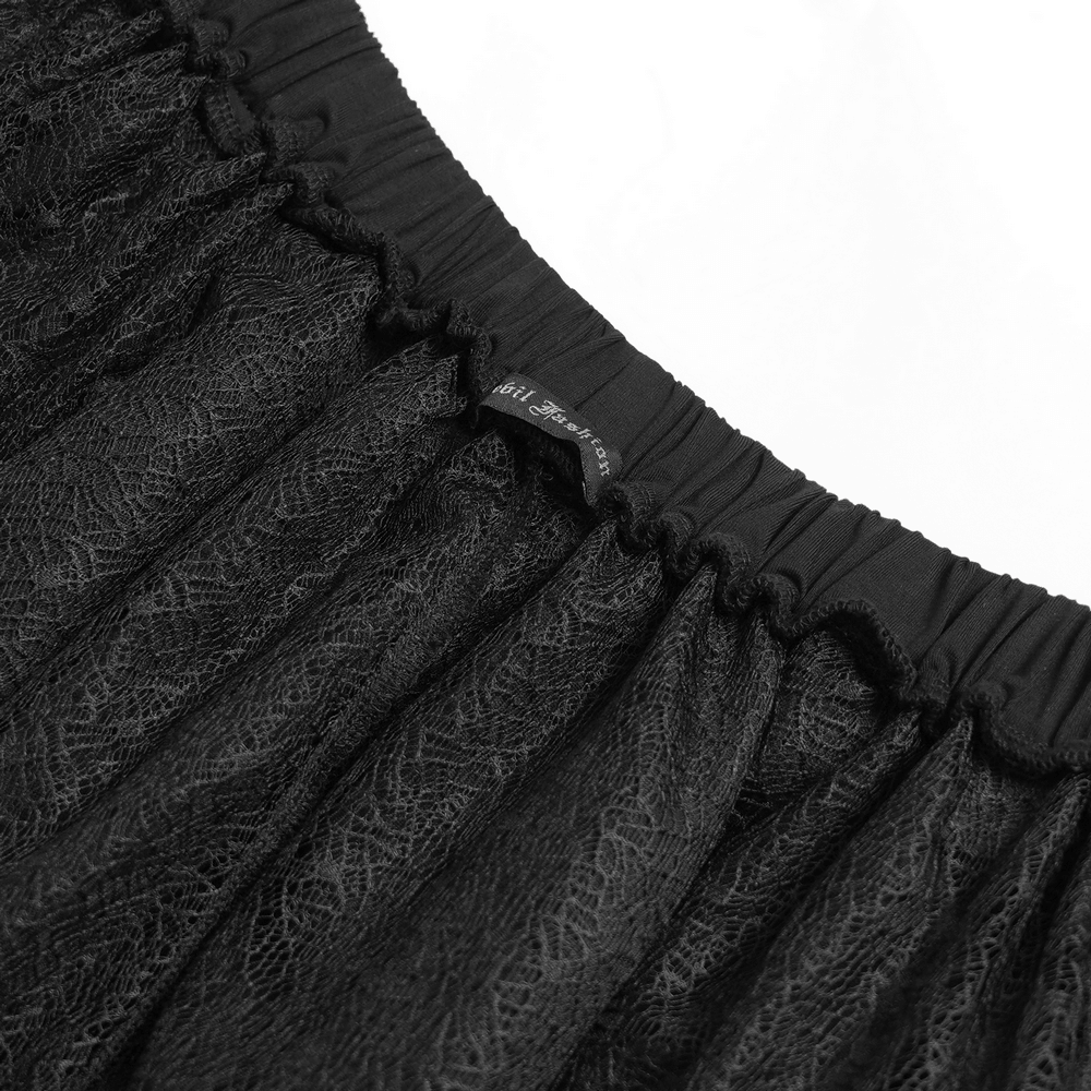 Gothic Asymmetric Lace Midi Skirt with Chain Trim black lace overlay and elastic waistband close-up.
