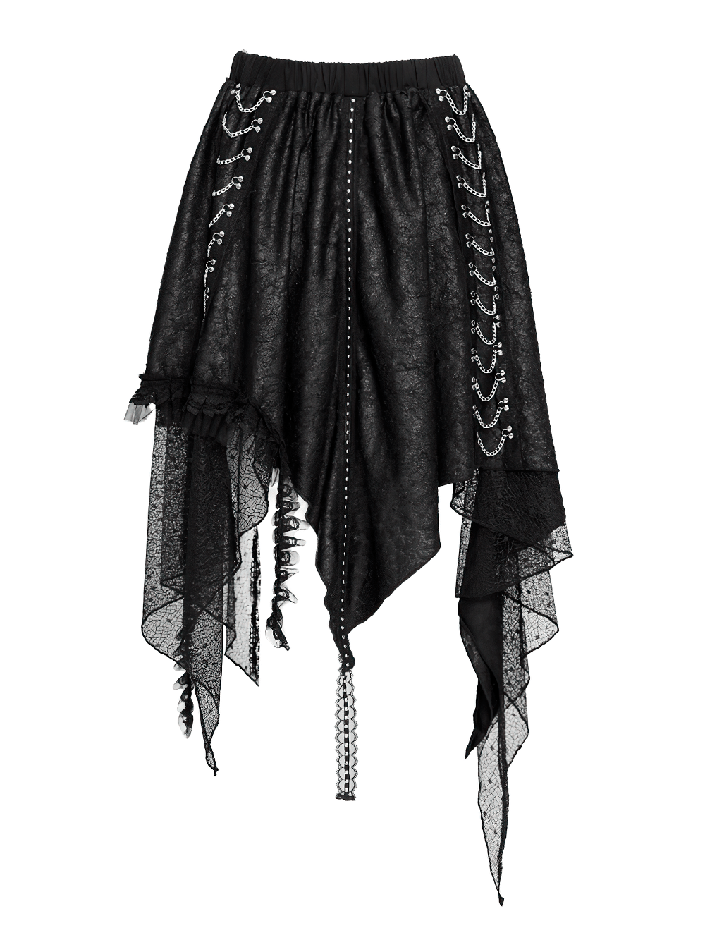 Gothic Asymmetric Lace Midi Skirt with Chain Trim featuring a dark punk handkerchief hem and sheer lace overlay.
