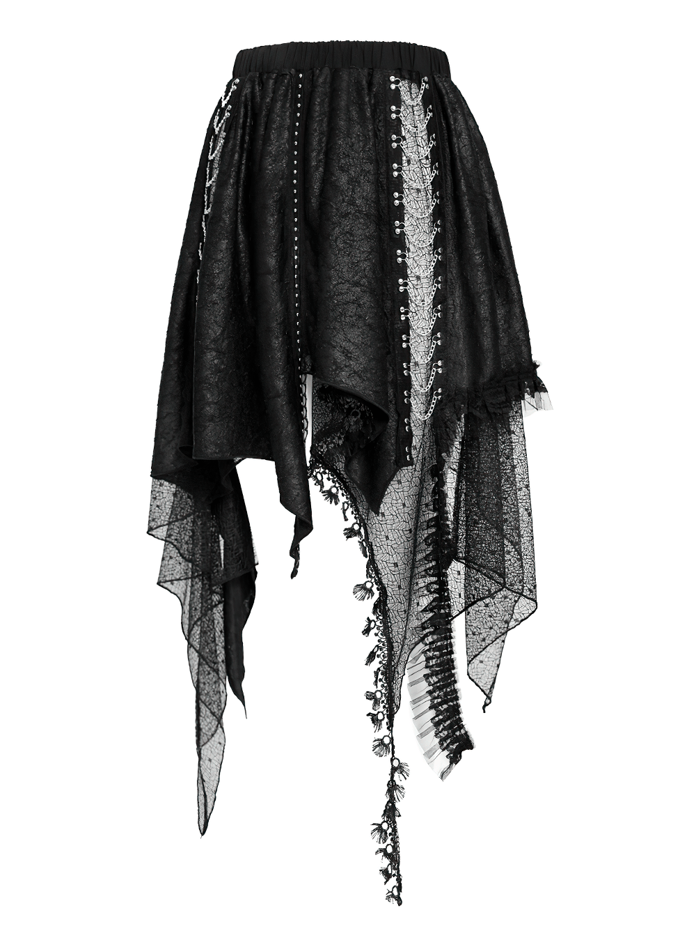 Gothic Asymmetric Lace Midi Skirt with Chain Trim showcasing a dramatic handkerchief hem and sheer lace overlay.