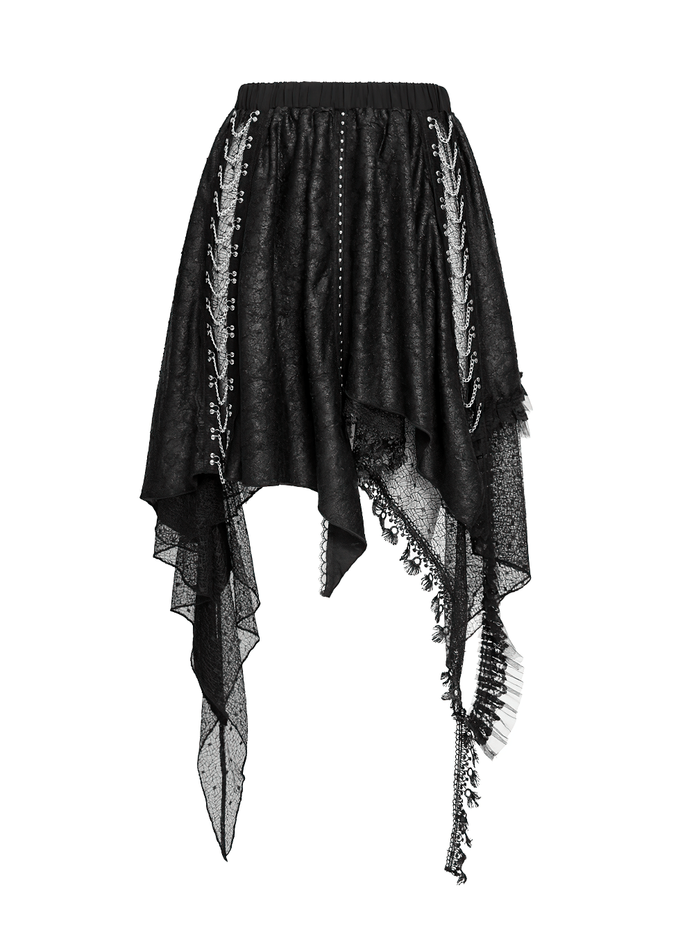 Gothic Asymmetric Lace Midi Skirt with Chain Trim featuring handkerchief hem and sheer lace overlay.