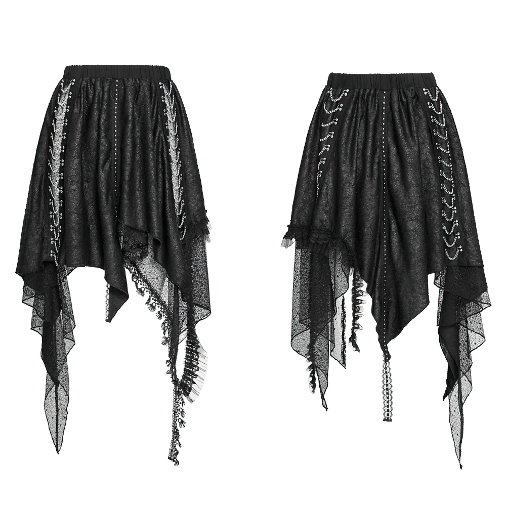Gothic Asymmetric Lace Midi Skirt with Chain Trim featuring a sheer black overlay and dramatic handkerchief hem.