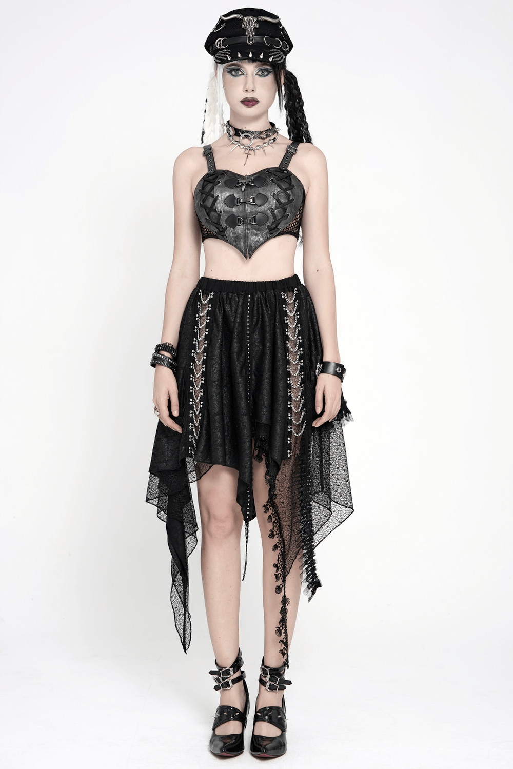 Gothic Asymmetric Lace Midi Skirt with Chain Trim showcased on a model, featuring dark punk style and dramatic lace details.
