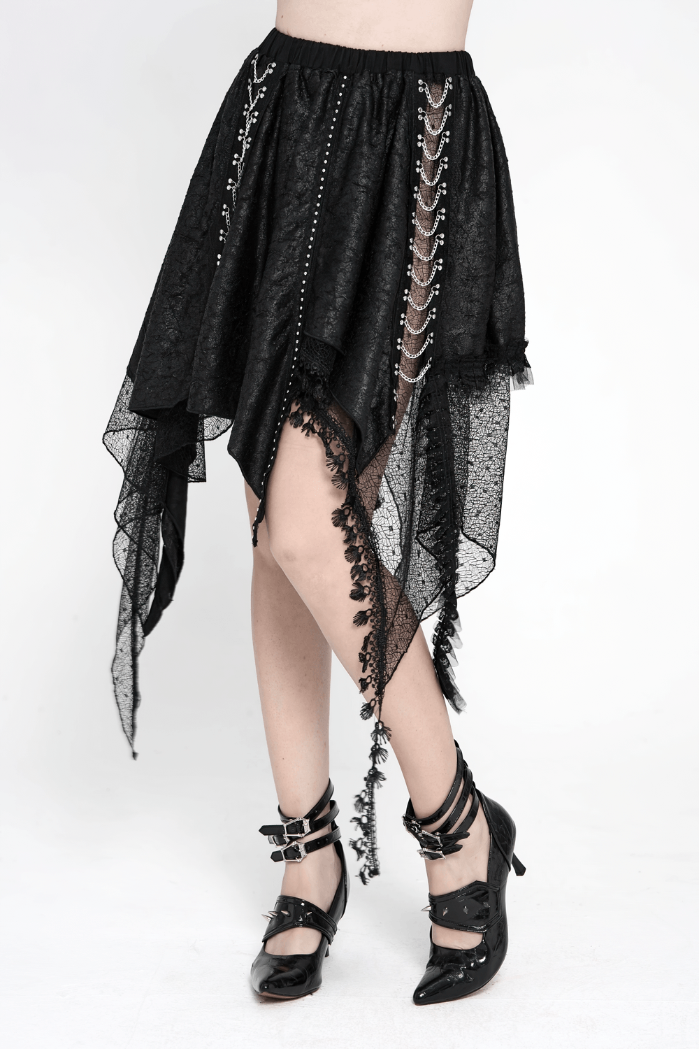 Gothic Asymmetric Lace Midi Skirt with Chain Trim showcasing a dark punk look with handkerchief hem and lace overlay.