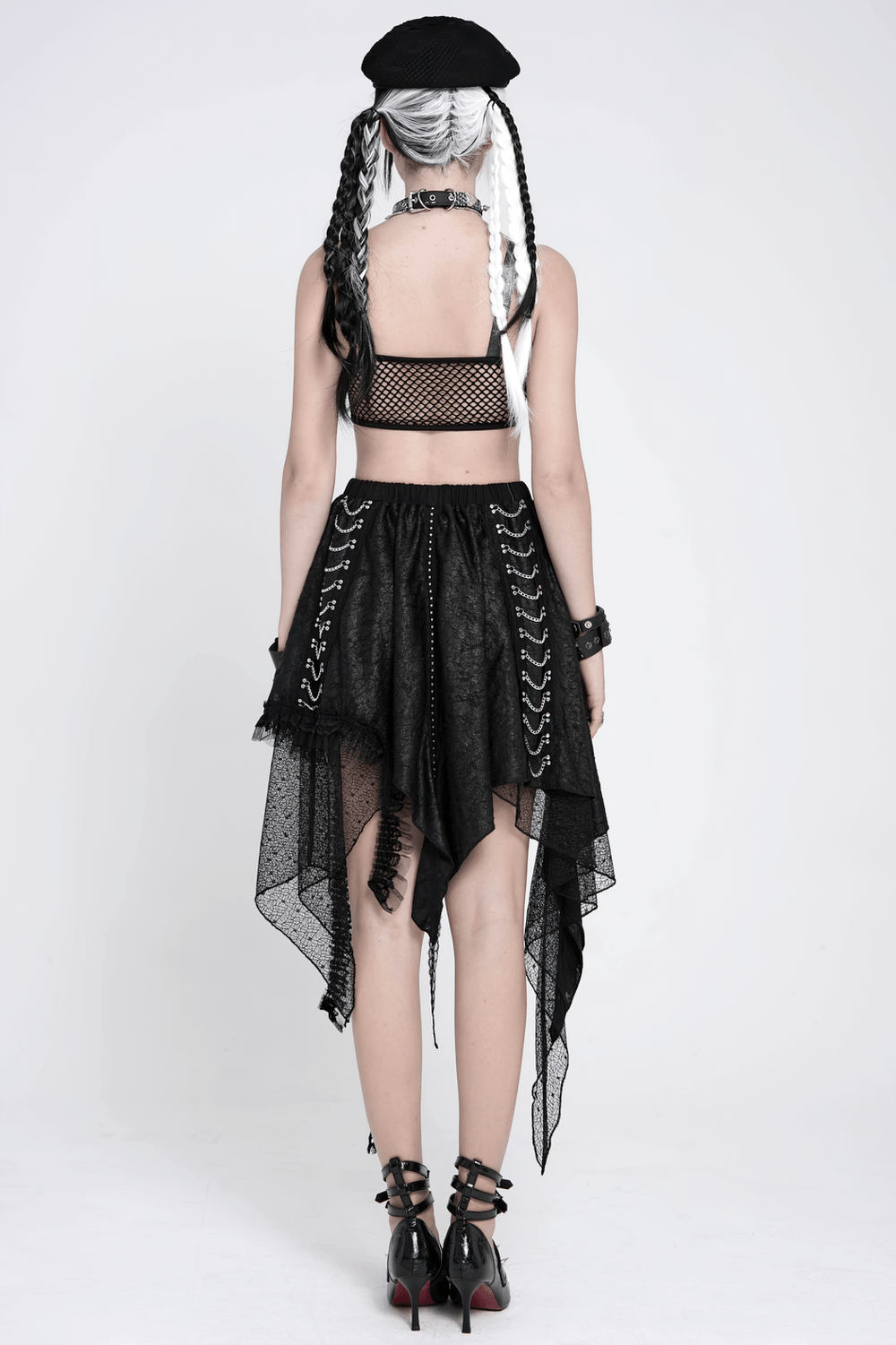 Gothic Asymmetric Lace Midi Skirt with Chain Trim worn from behind, showcasing dramatic handkerchief hem and lace details.