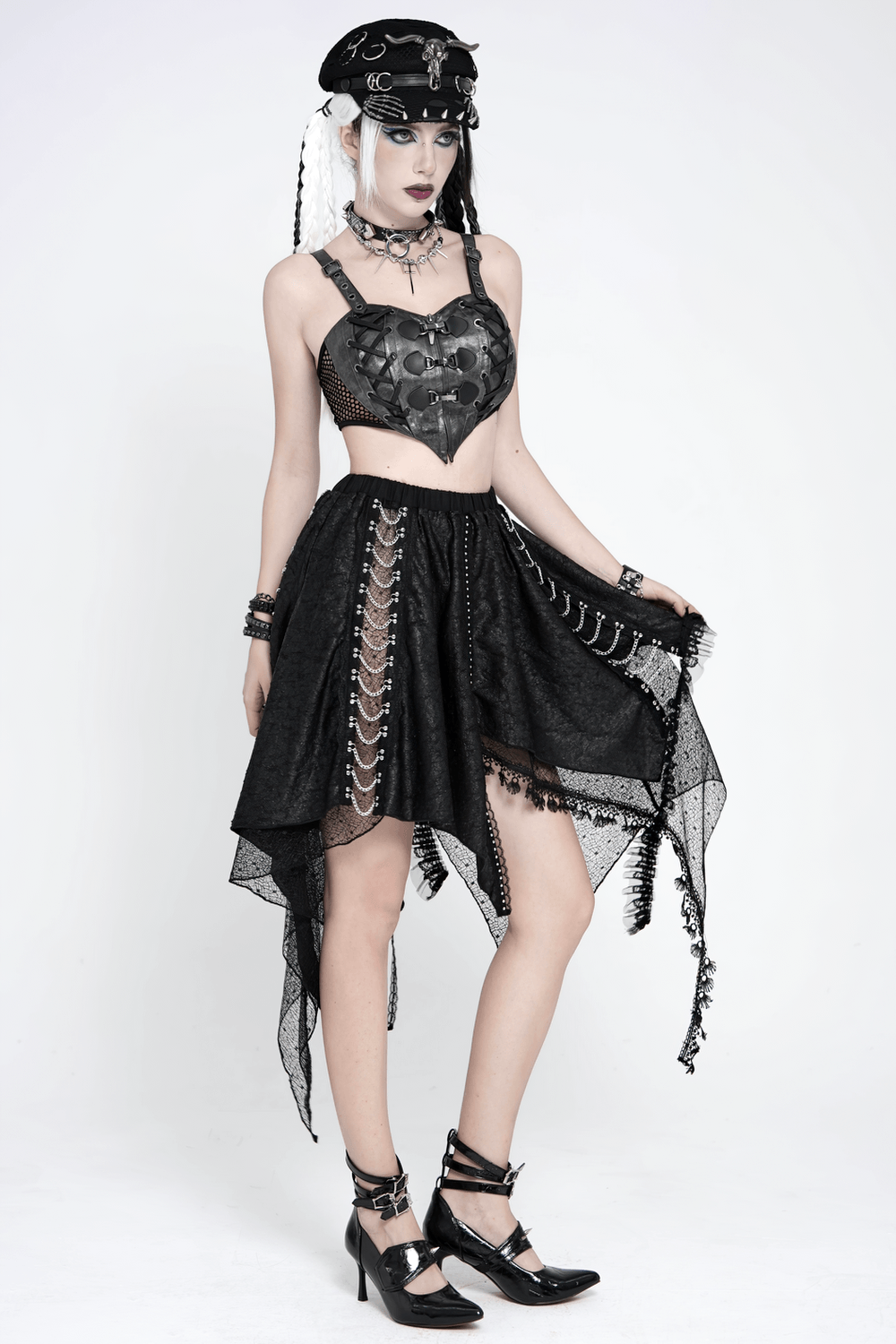 Gothic Asymmetric Lace Midi Skirt with Chain Trim styled with a black lace crop top and accessories for a dramatic punk look.