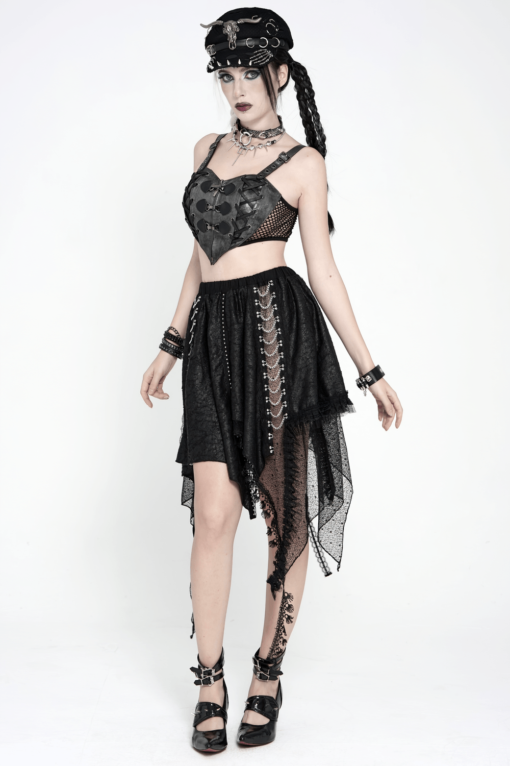 Gothic Asymmetric Lace Midi Skirt with Chain Trim featured on a model, showcasing a dramatic punk style with lace and mesh.