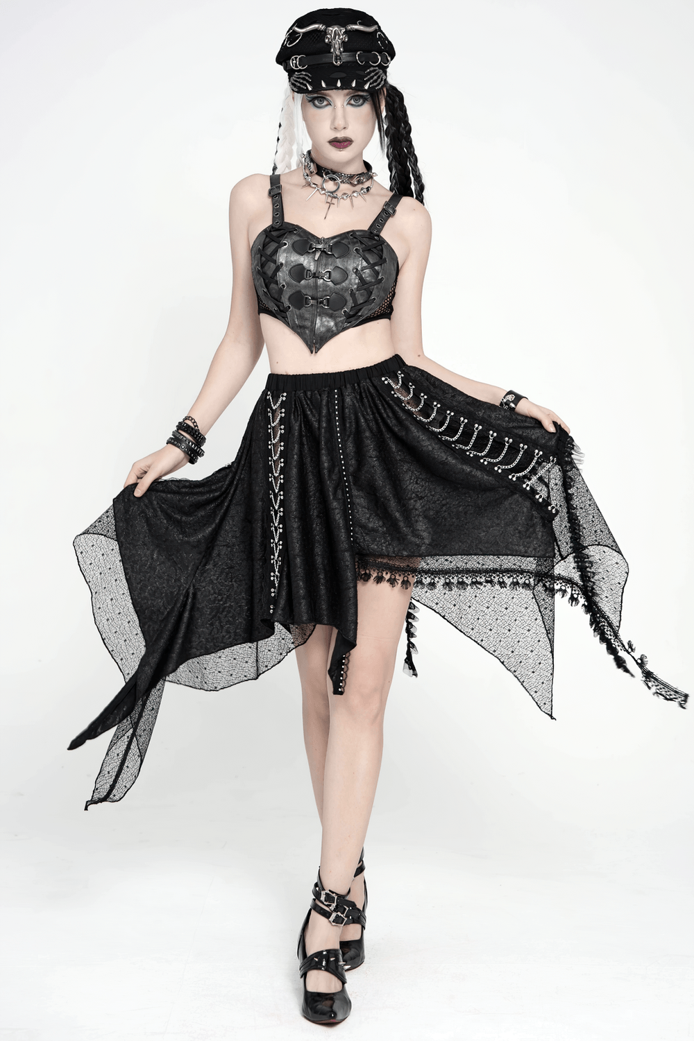 Gothic Asymmetric Lace Midi Skirt with Chain Trim modeled by an edgy fashionista, showcasing punk style with flowing lace details.