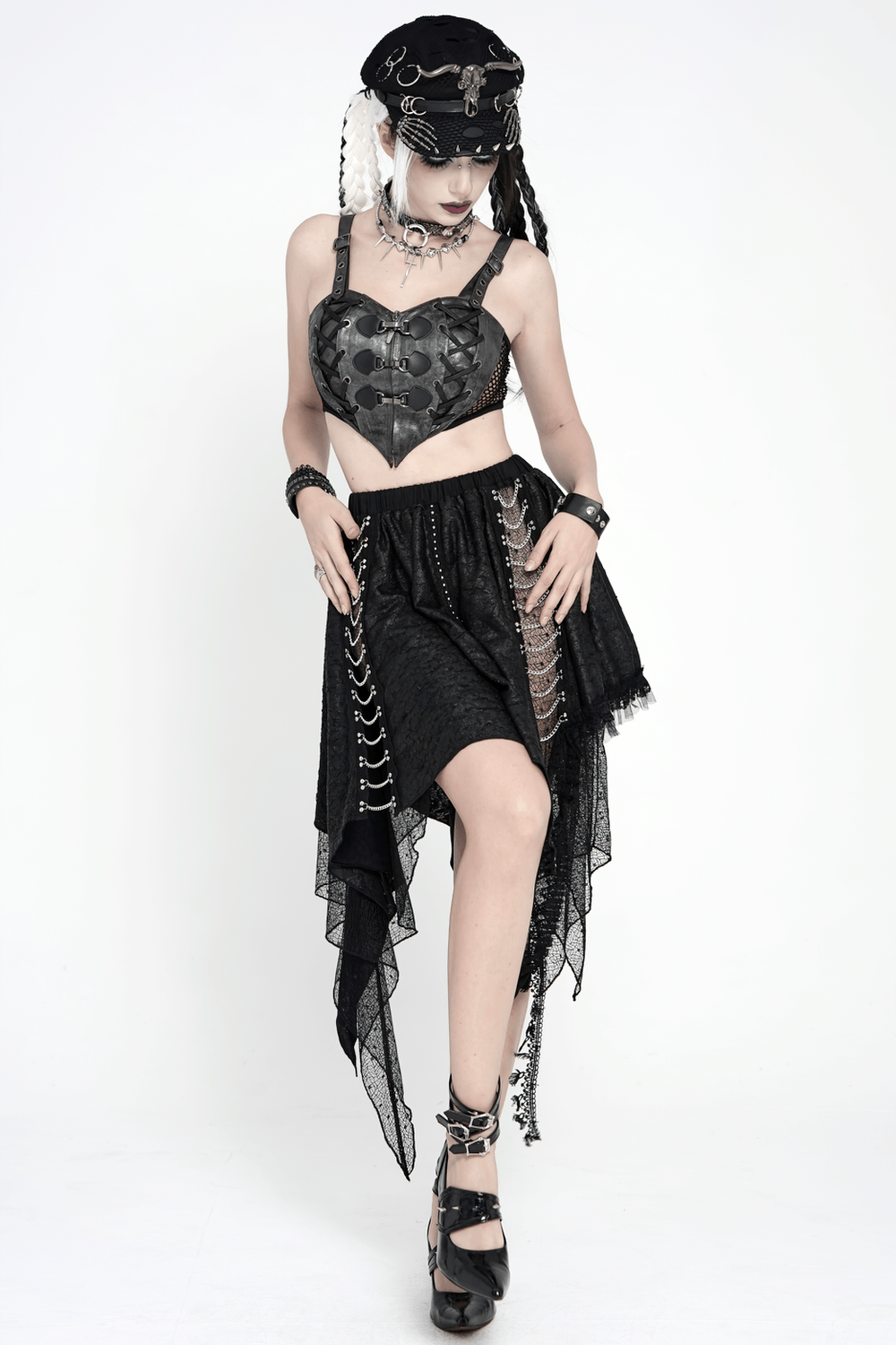 Model wearing Gothic Asymmetric Lace Midi Skirt with Chain Trim paired with a black top and accessories.