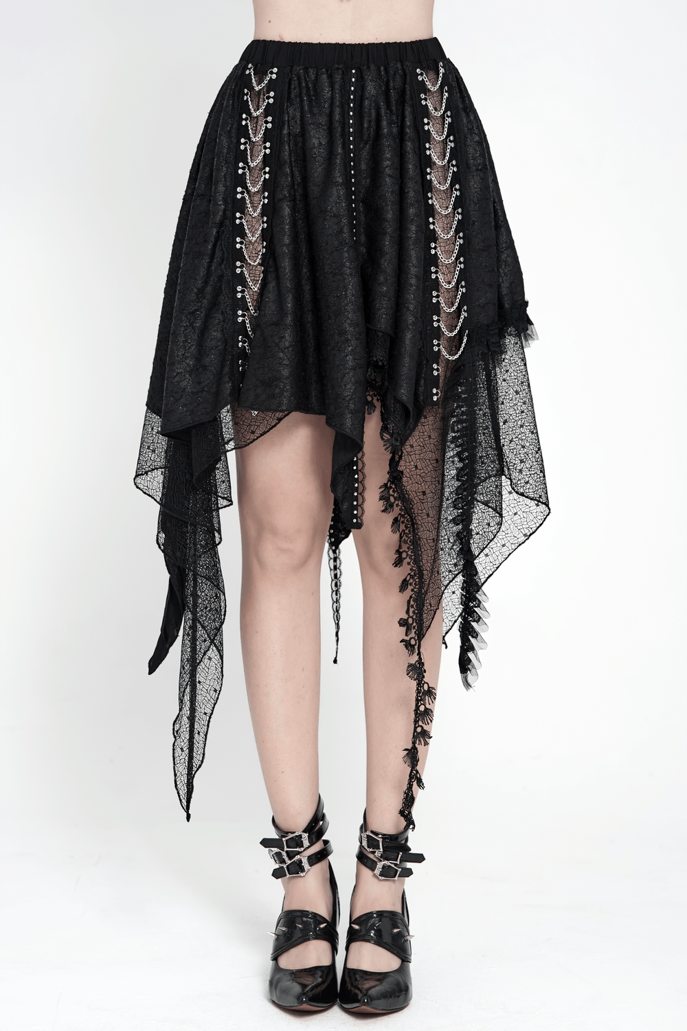 Gothic Asymmetric Lace Midi Skirt with Chain Trim featuring a dramatic handkerchief hem and sheer lace details.