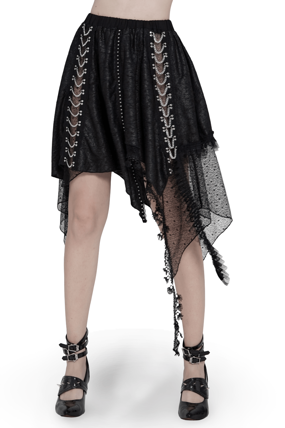 Gothic Asymmetric Lace Midi Skirt with Chain Trim featuring sheer lace and a dramatic handkerchief hem.