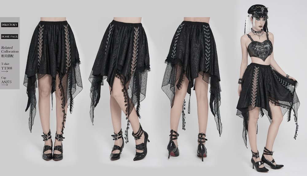 Gothic Asymmetric Lace Midi Skirt with Chain Trim showcased from four angles, featuring handkerchief hem and lace details.