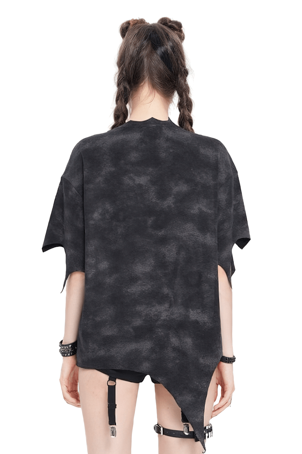 Back view of a gothic asymmetric hem t-shirt in dark washed fabric, perfect for punk streetwear style.