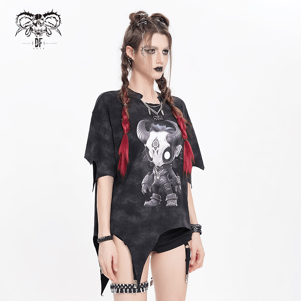 Gothic asymmetric t-shirt featuring horned skull cartoon graphic, perfect for punk streetwear style.