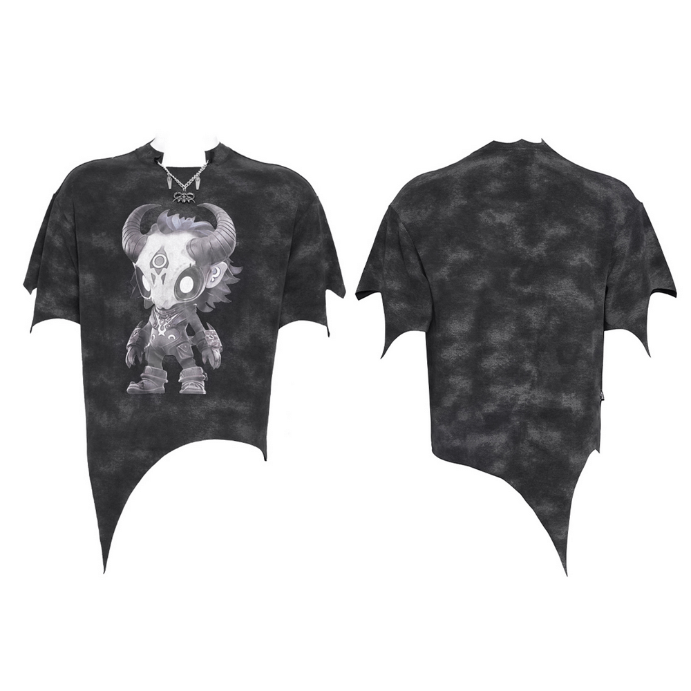 Gothic asymmetric skull cartoon print t-shirt with horned skull graphic, distressed hem, punk style.