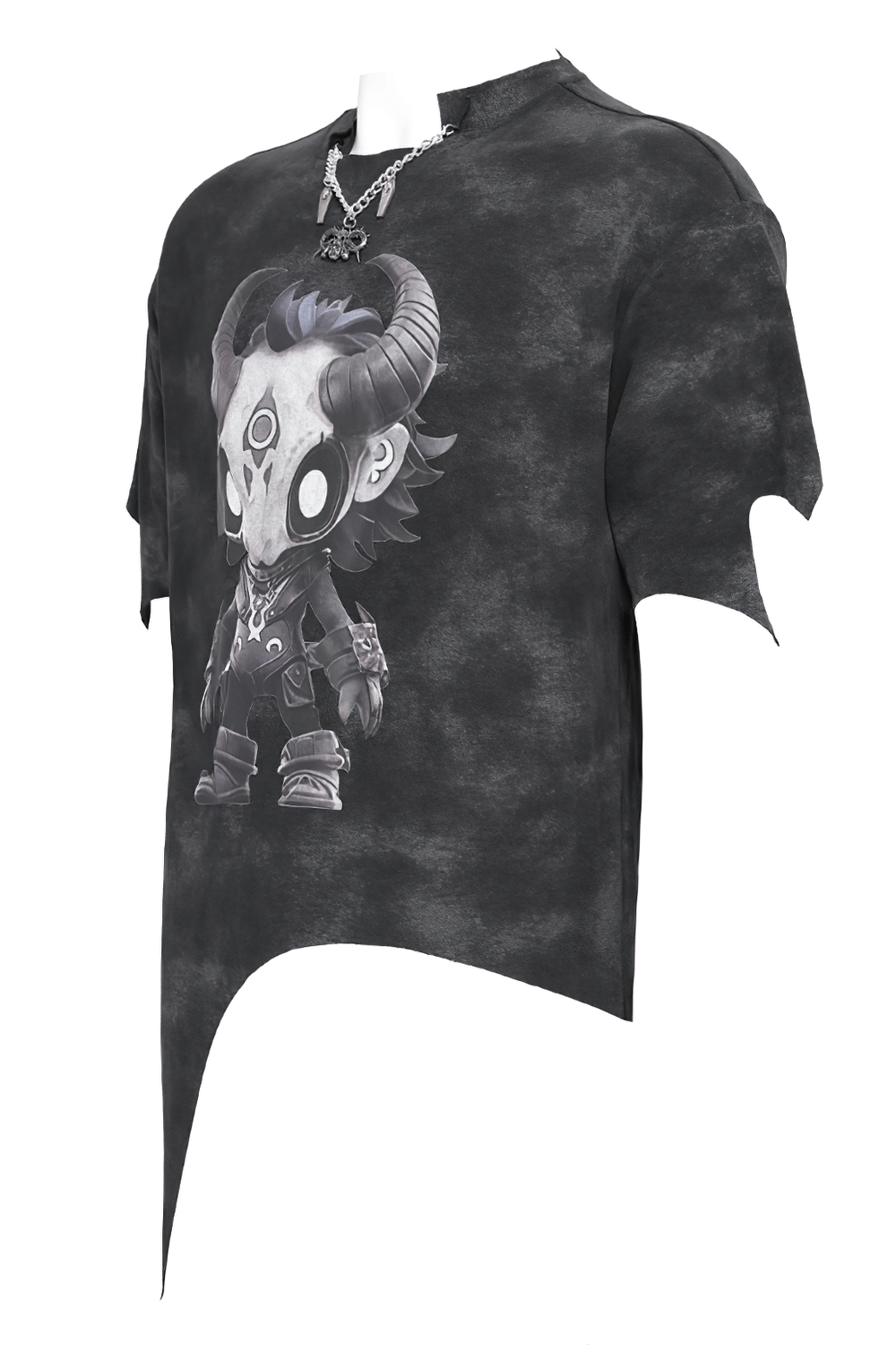 Gothic asymmetric hem t-shirt featuring a horned skull cartoon graphic, perfect for punk streetwear style.