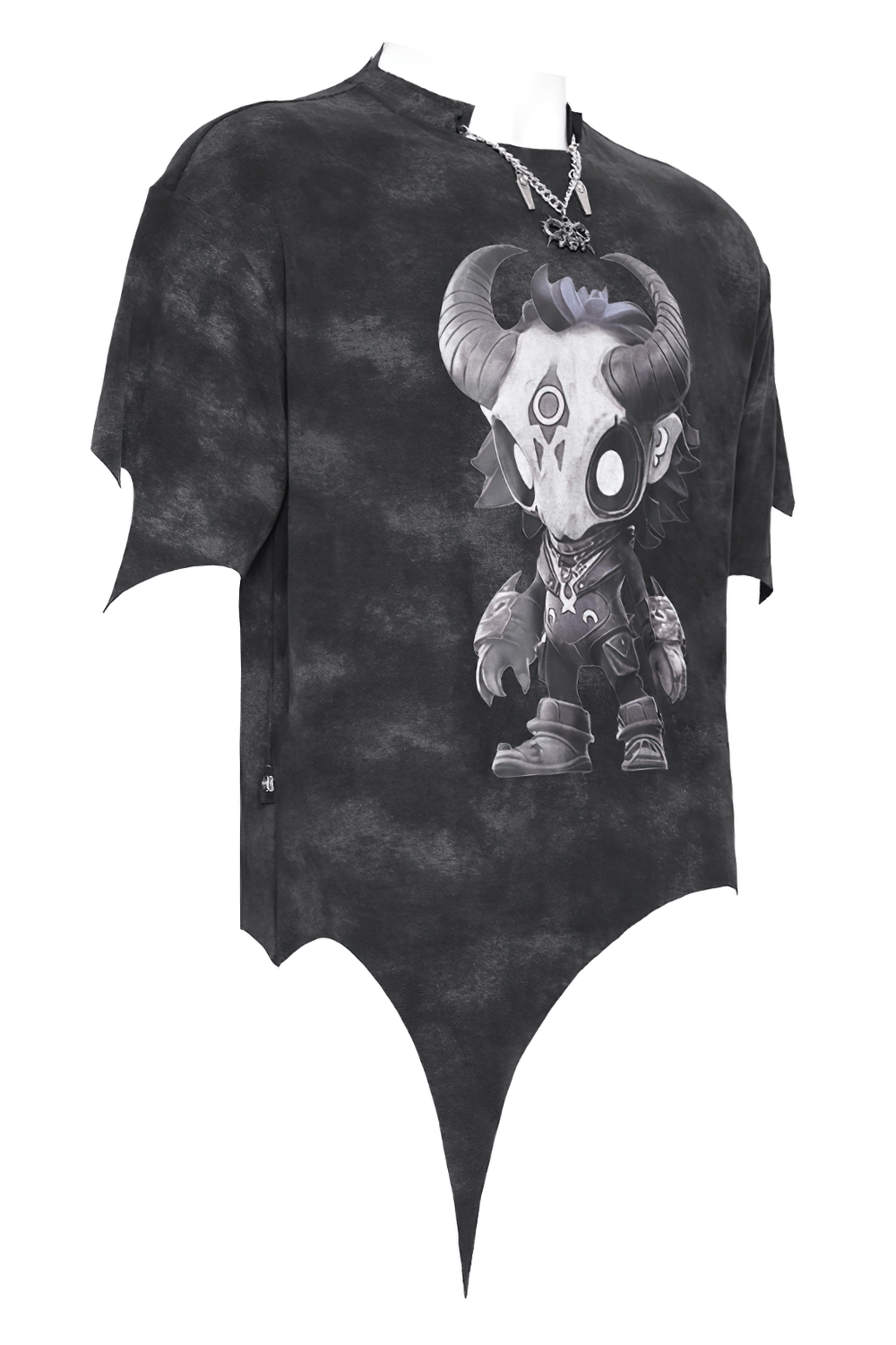 Gothic asymmetric hem t-shirt with horned skull cartoon graphic for punk streetwear style.