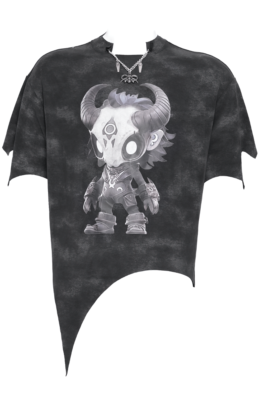 Gothic asymmetric skull cartoon graphic tee with horned skull design and distressed hem, perfect for punk streetwear.