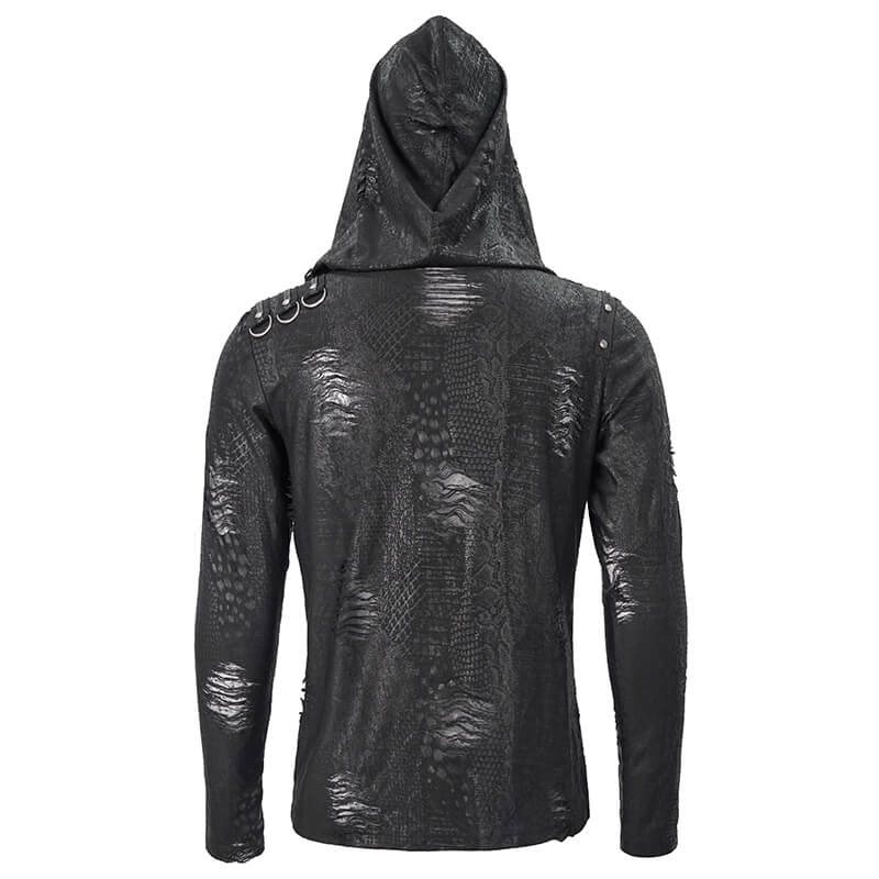Men's black asymmetrical punk hoodie with oversized hood and unique textured design, perfect for trendy street style.