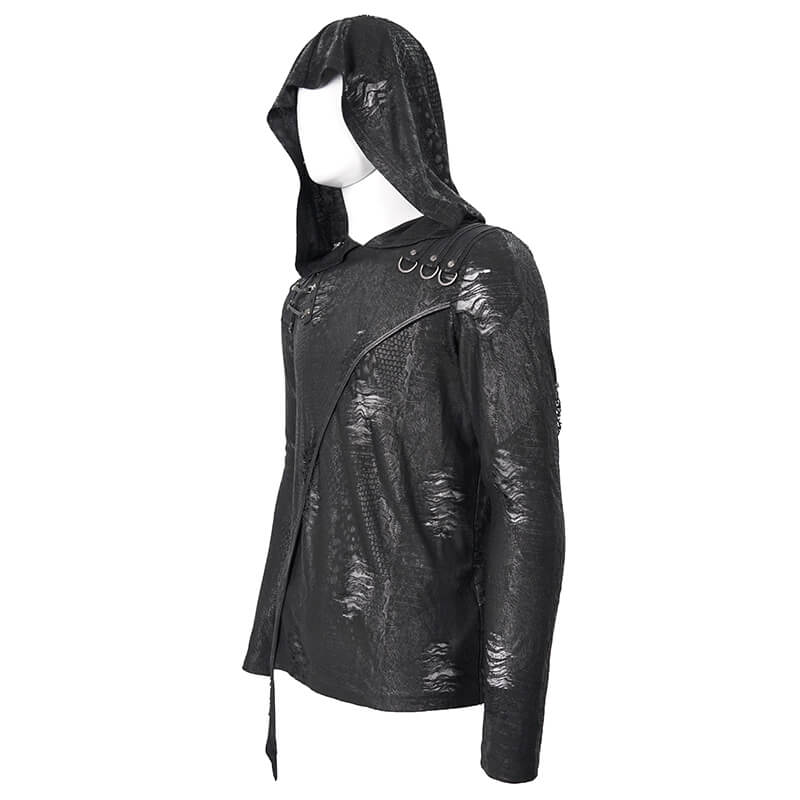 Gothic Asymmetric Sweatshirt with Oversize Hood / Rock Punk Men's Hoodie with Lace-Up & Dark Pattern - HARD'N'HEAVY