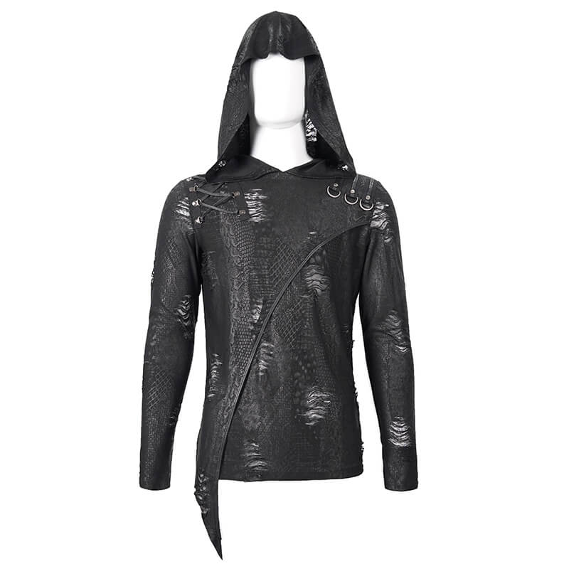 Gothic Asymmetric Sweatshirt with Oversize Hood / Rock Punk Men's Hoodie with Lace-Up & Dark Pattern - HARD'N'HEAVY