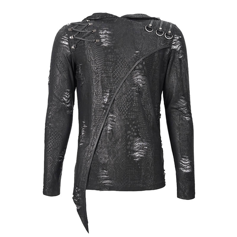 Gothic Asymmetric Sweatshirt with Oversize Hood / Rock Punk Men's Hoodie with Lace-Up & Dark Pattern - HARD'N'HEAVY