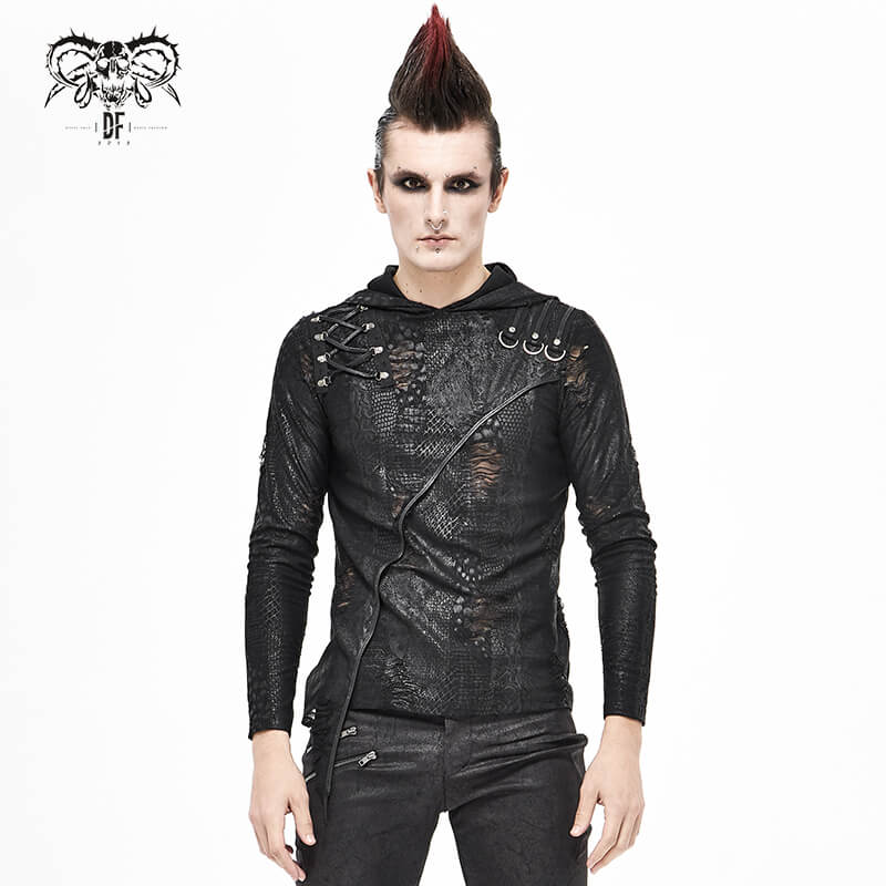 Gothic Asymmetric Sweatshirt with Oversize Hood / Rock Punk Men's Hoodie with Lace-Up & Dark Pattern - HARD'N'HEAVY