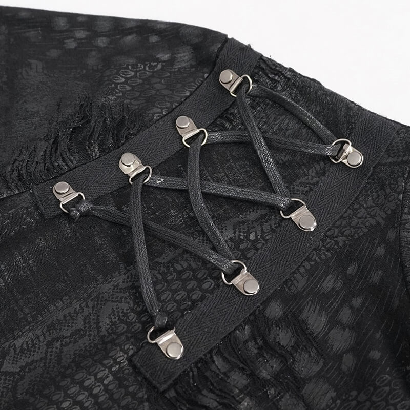 Close-up of gothic asymmetrical sweatshirt detailing with stylish black lace-up design and hardware.