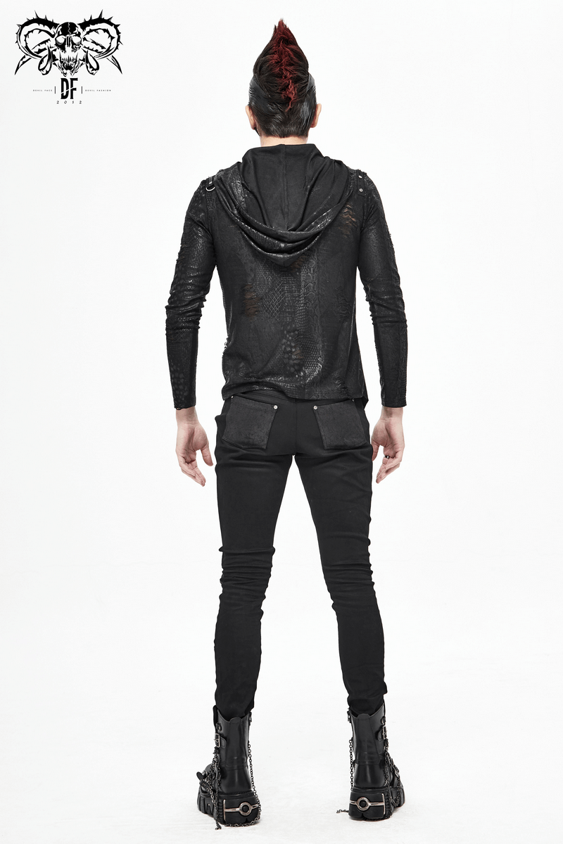Back view of a man in a Gothic asymmetrical black hoodie with an oversize hood, showcasing punk fashion style.