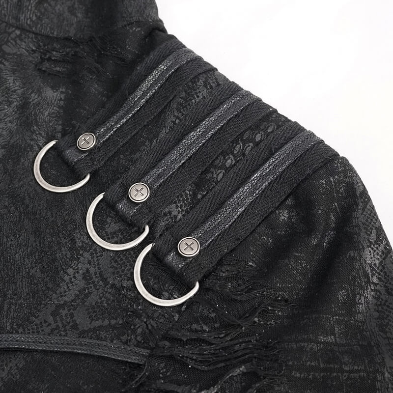 Close-up of gothic asymmetric sweatshirt detailing with straps and rings, perfect for punk fashion enthusiasts.