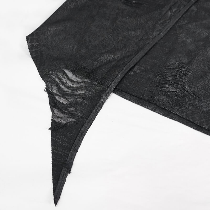 Close-up of the asymmetrical hem of a black gothic hoodie showcasing distressed fabric details.