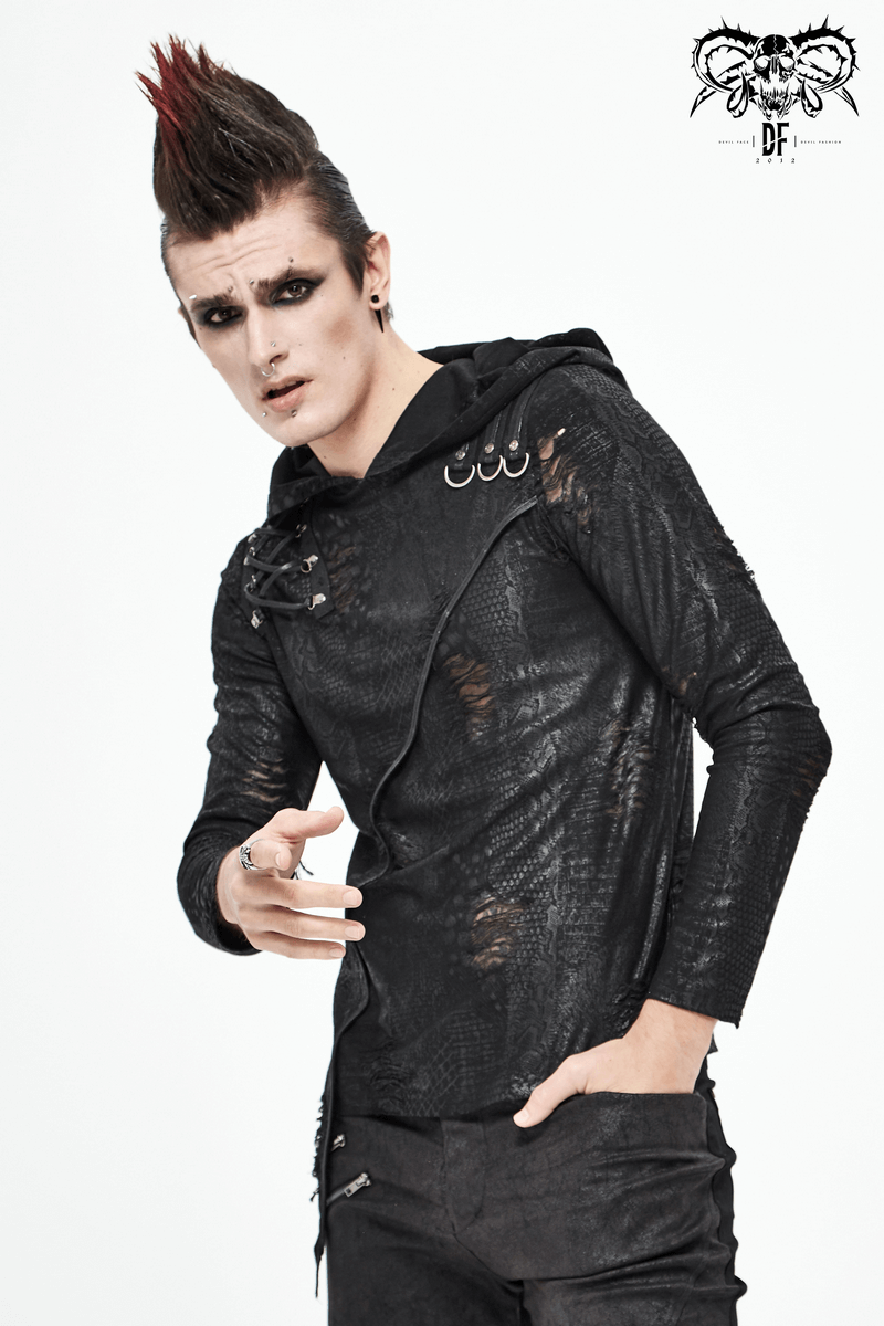 Men's black asymmetric Gothic hoodie with oversized hood, showcasing a punk style and edgy design.