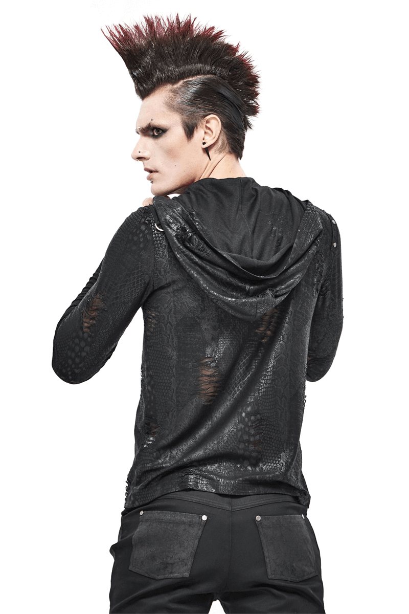 Back view of a model wearing a gothic asymmetric black hoodie with an oversized hood and punk hairstyle.