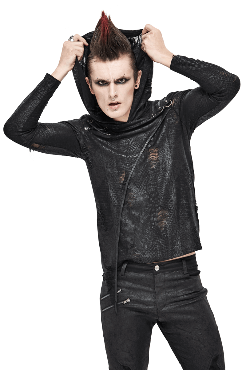 Punk men's gothic asymmetrical sweatshirt with oversized hood, edgy design and stylish black fabric.