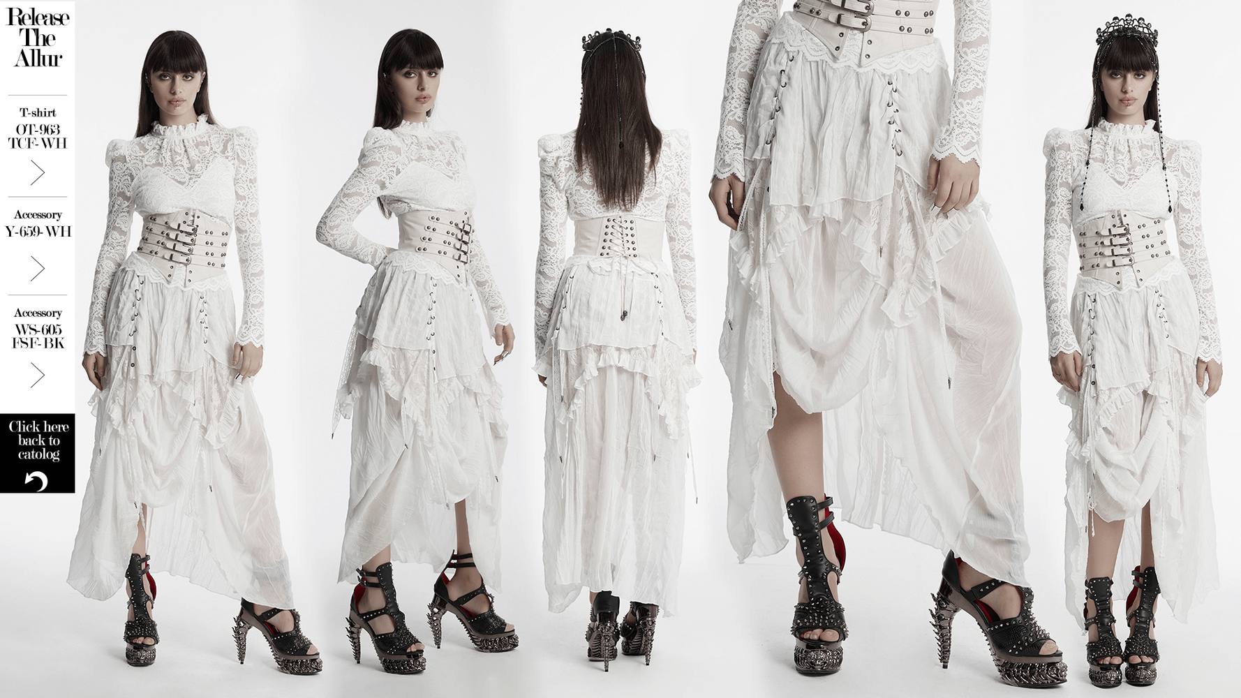 Gothic asymmetric white chiffon skirt with lace detail and drawstrings showcased from multiple angles.