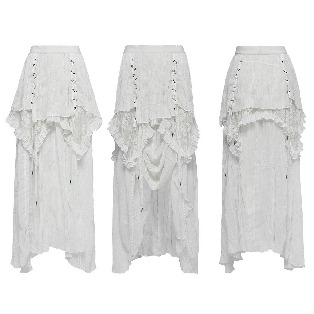 Gothic asymmetric white chiffon skirt featuring lace and drawstrings, showcasing a high-low design and ruffled fabric.