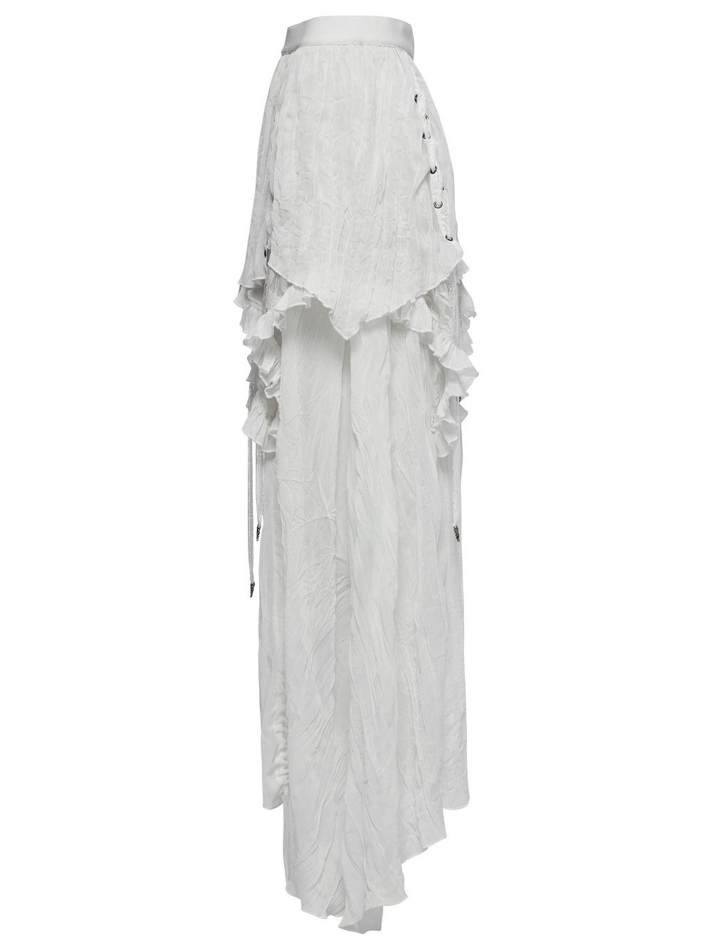 Gothic asymmetric white chiffon skirt with lace, ruffles, and drawstrings for an edgy elegance.