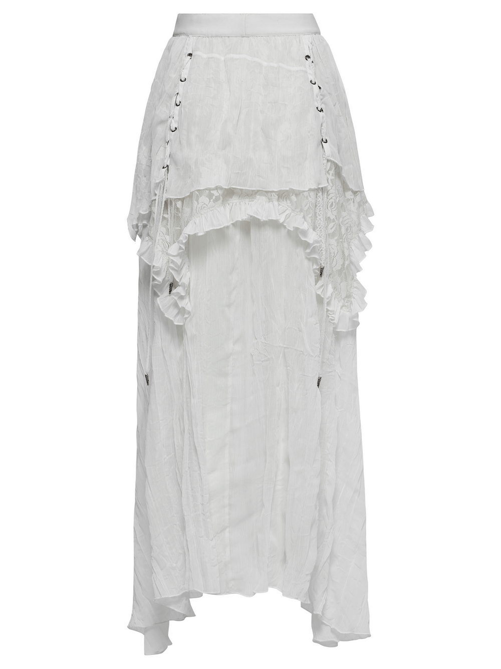 Gothic asymmetric white chiffon skirt with lace, ruffles, and drawstrings for a stylish Gothic look.