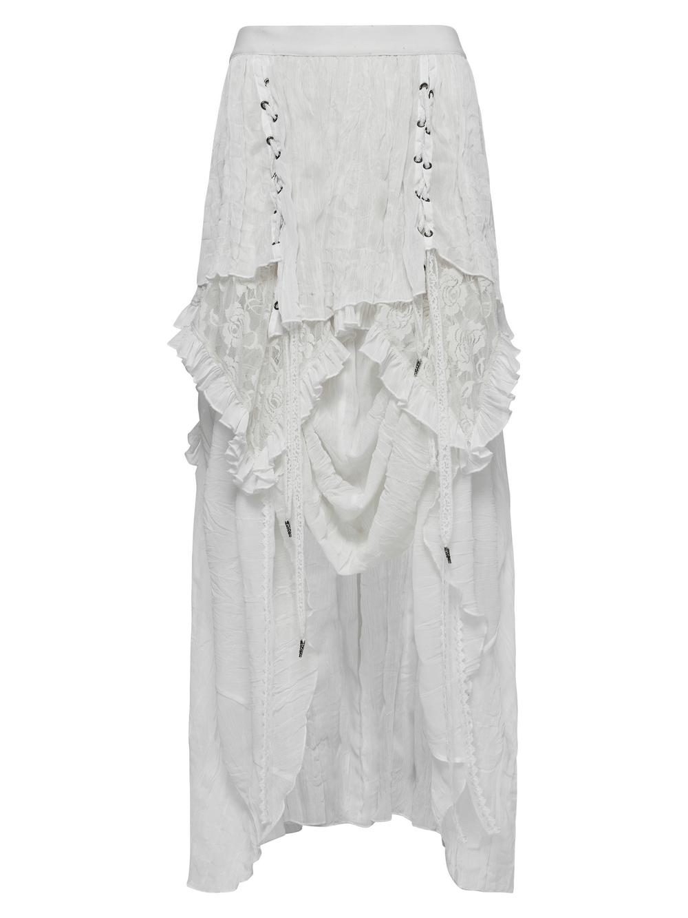 Gothic asymmetric white chiffon skirt with lace and drawstrings, showcasing ruffled layers and eyelet details.