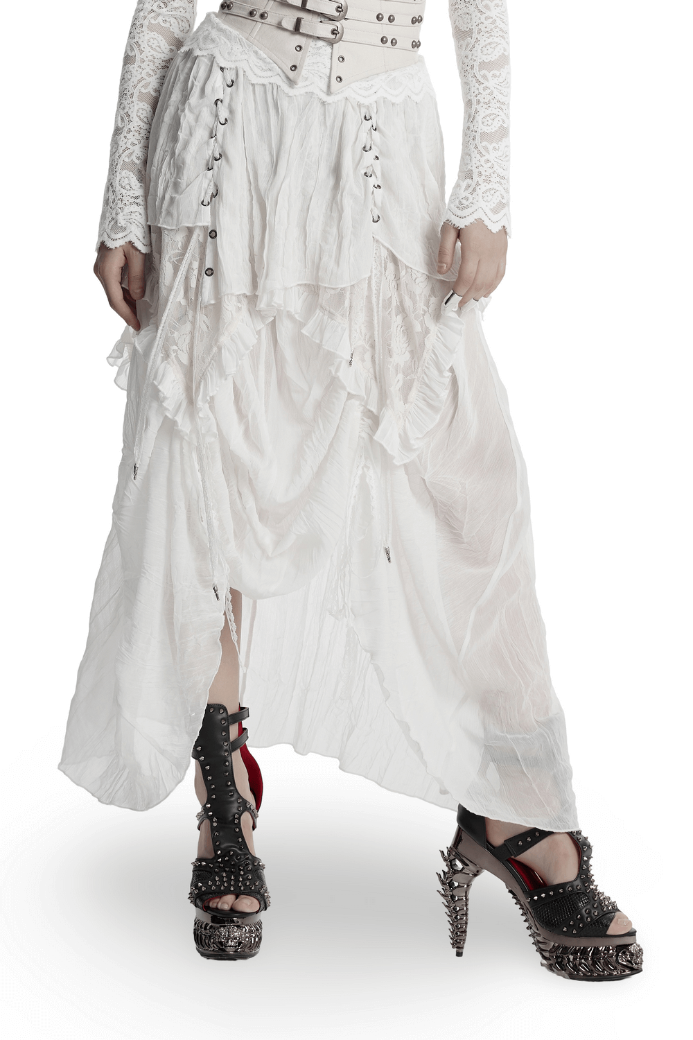 Gothic asymmetric white chiffon skirt with lace, drawstrings, ruffles, and edgy spiked heels.