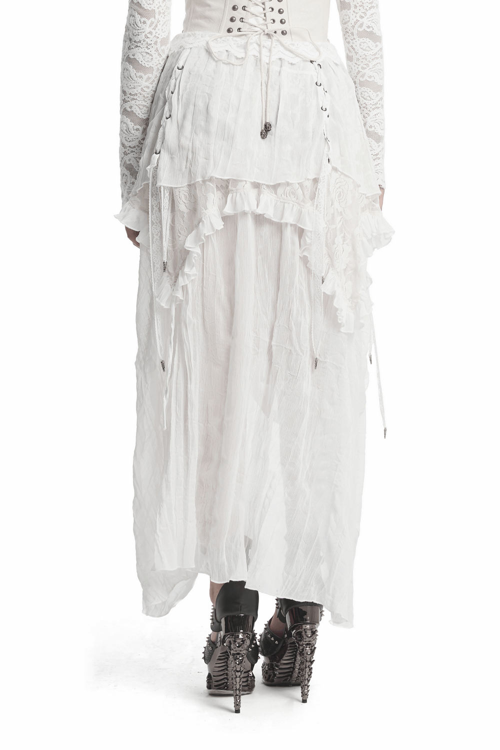 Gothic asymmetric white chiffon skirt with lace details and drawstrings, featuring stylish high-low design.