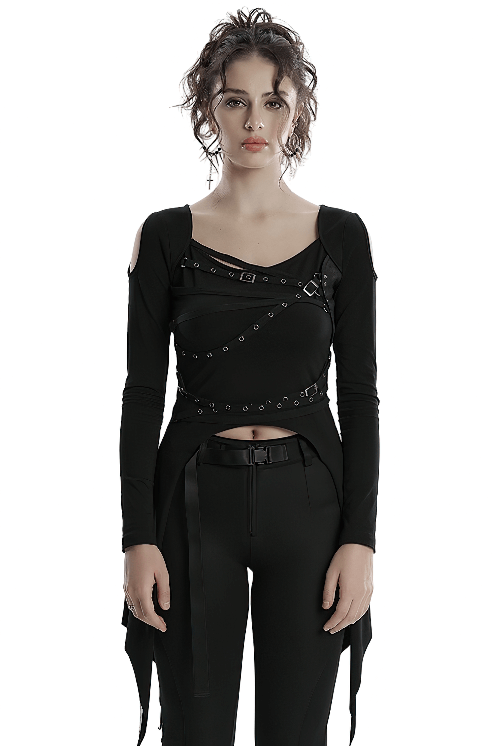 Gothic asymmetrical long sleeve top with straps and shoulder cutouts, perfect for punk fashion enthusiasts.