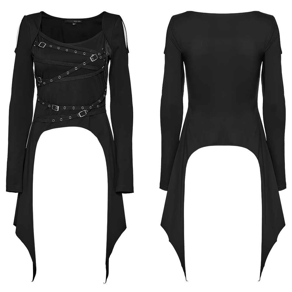 Gothic asymmetrical long sleeve top with edgy straps and cutouts, perfect for alternative fashion lovers.