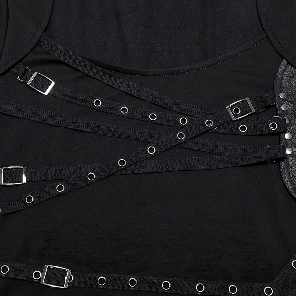 Close-up of gothic long sleeve top with edgy straps and cutouts, showcasing adjustable features and punk style.