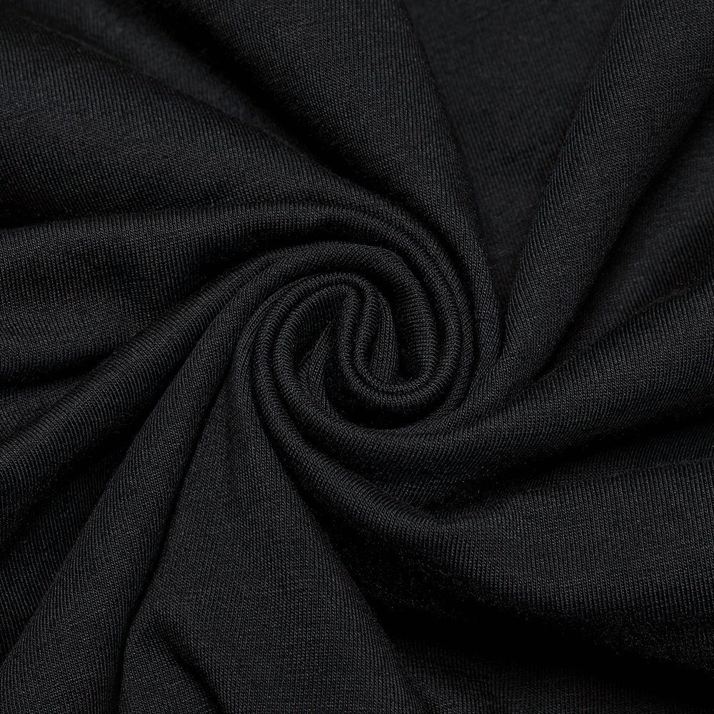 Close-up of stretchy black knitted fabric, ideal for gothic and punk fashion apparel.