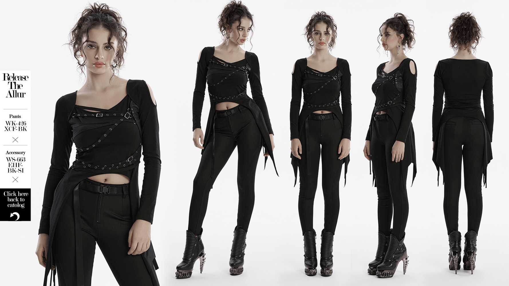 Gothic asymmetrical long sleeve top with straps and cutouts, perfect for punk fashion lovers.